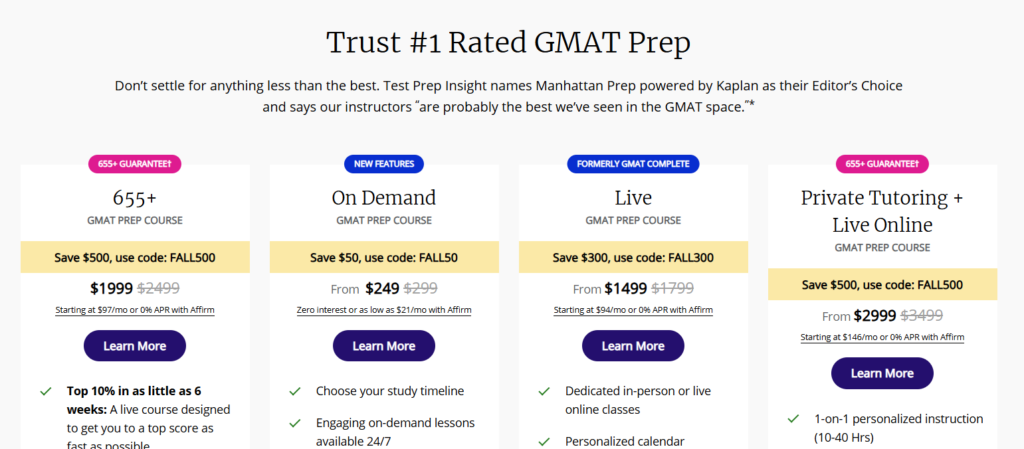 Kaplan GMAT prep course pricing