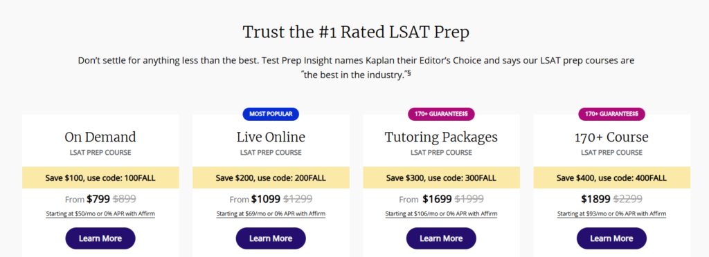 Kaplan LSAT prep course pricing