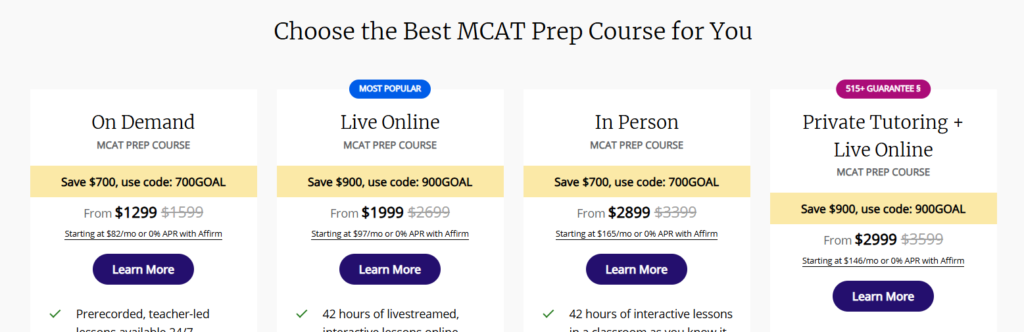 Kaplan MCAT prep course pricing